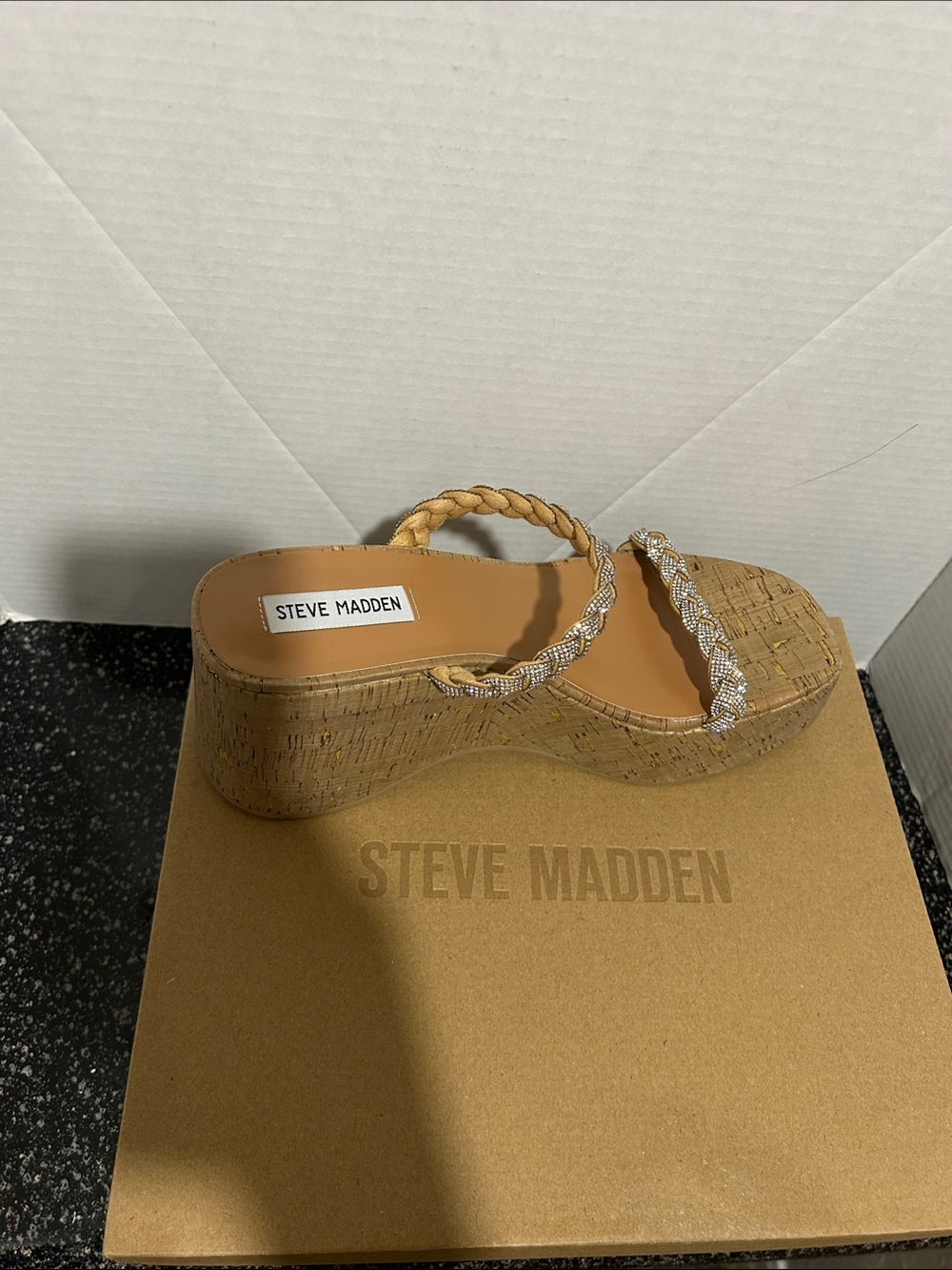 Steve Madden Tan Cork Platform Sandal with Braided Straps and Crystal Beads
